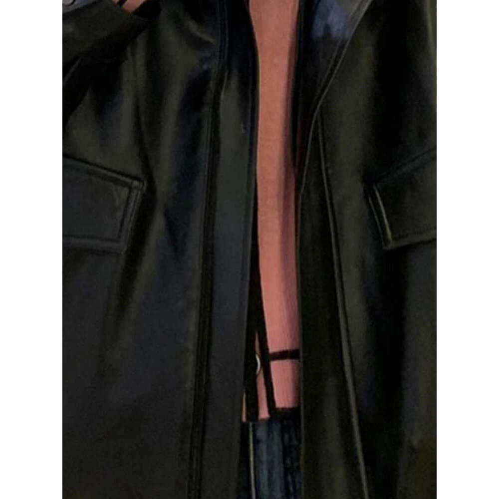Designer Clothes Lautaro Spring Autumn Cool Retro Casual Oversized Black Waterproof Soft Faux Leather Jackets For Women Zipper Elastic Waist 2022