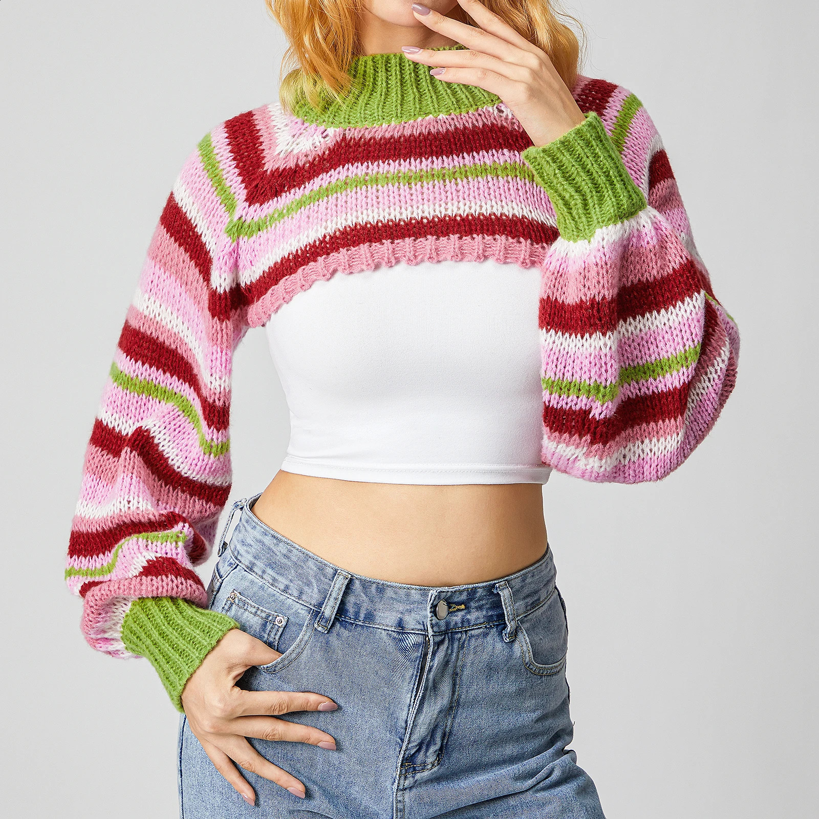 Womens Spring and Autumn Knitted Corset Sweater Casual Striped Loose Long Sleeve Half Turtle Neck Pulling Flower Top 250407