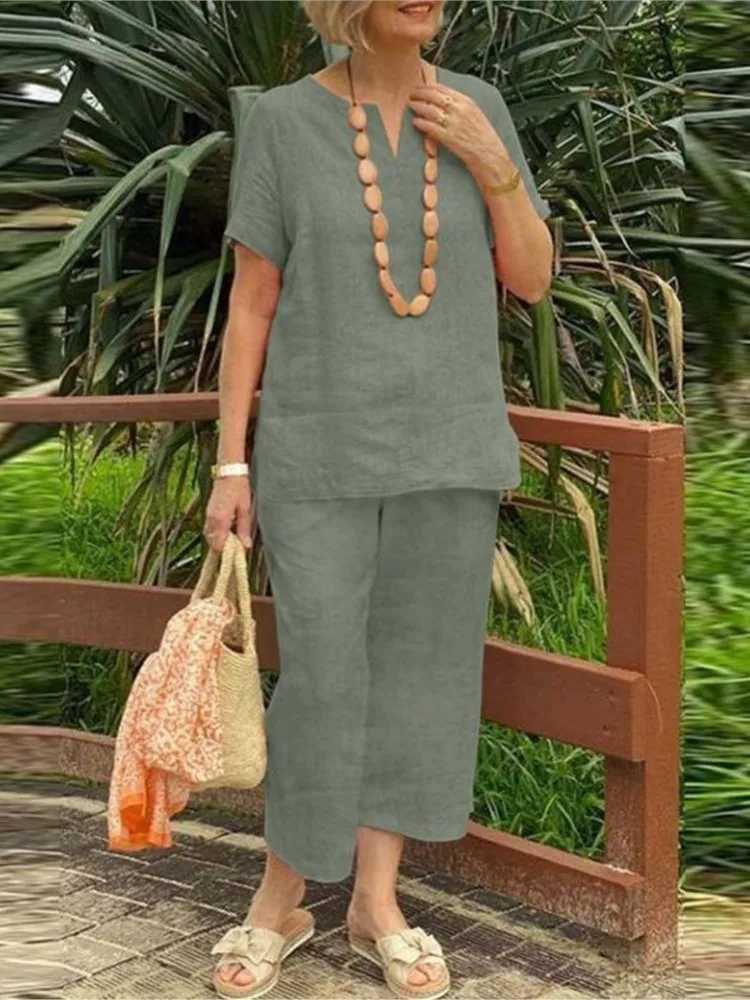 Womens pure cotton linen summer 2PCS/set set 2024 casual loose V-neck shorts Sve wide leg pants solid color fashionable womens setXJ250414