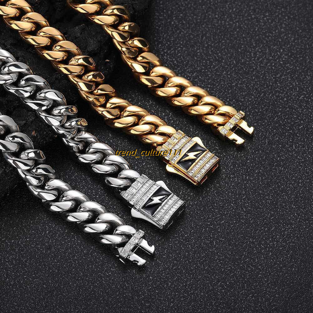 New Lighing Moissanite Spring Buckle Stainless Cuban Hip Hop Titanium Steel Jewelry Men's Necklace