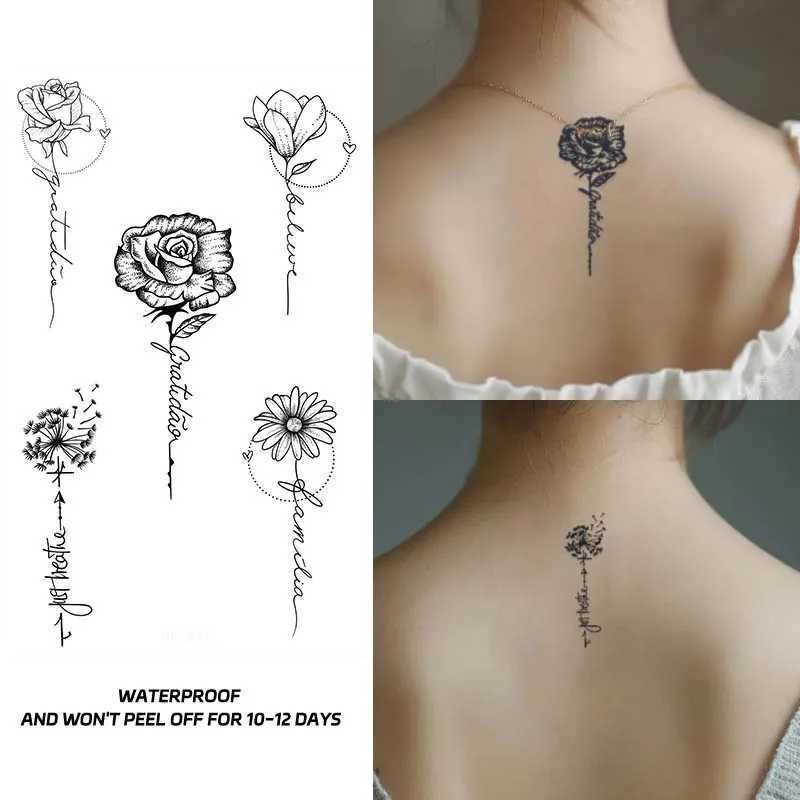 Rose and text waterproof temporary tattoo sticker with dried flowers lasting 1-2 weeks semi permanent fake tattooXJ25414