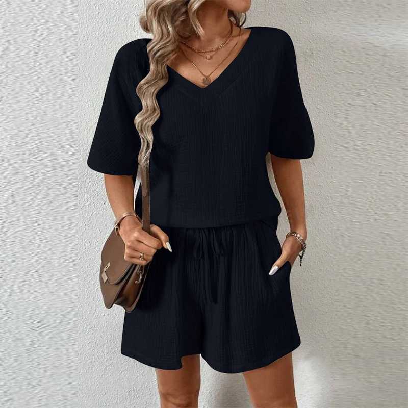 Slin 100% Cotton Ele Womens Set Sexy V-neck Short Sve T-shirt+Womens Wide Leg Shorts SetXJ250414