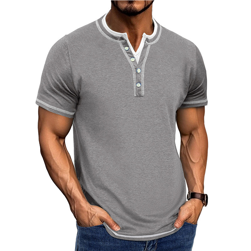 New mens short sleeved color blocked fake two-piece Henry shirt mens V-neck T-shirt