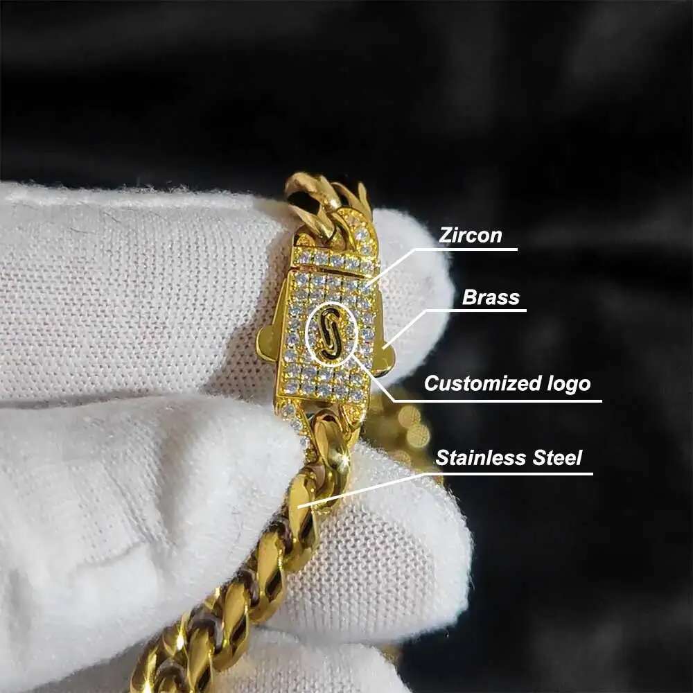Hip Hop Jewelry 8MM Miami Cuban Link Chain with Diamond Clasp 18k Gold Plated Stainless Steel Cuban Chain Necklace