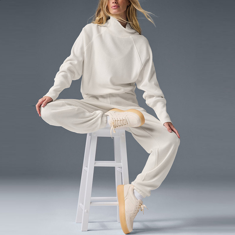 New Waffle High Collar Hoodie Long Sleeve High Waist Casual Versatile Leg Tights Fitness Sports Set for Women 241125 - view 4