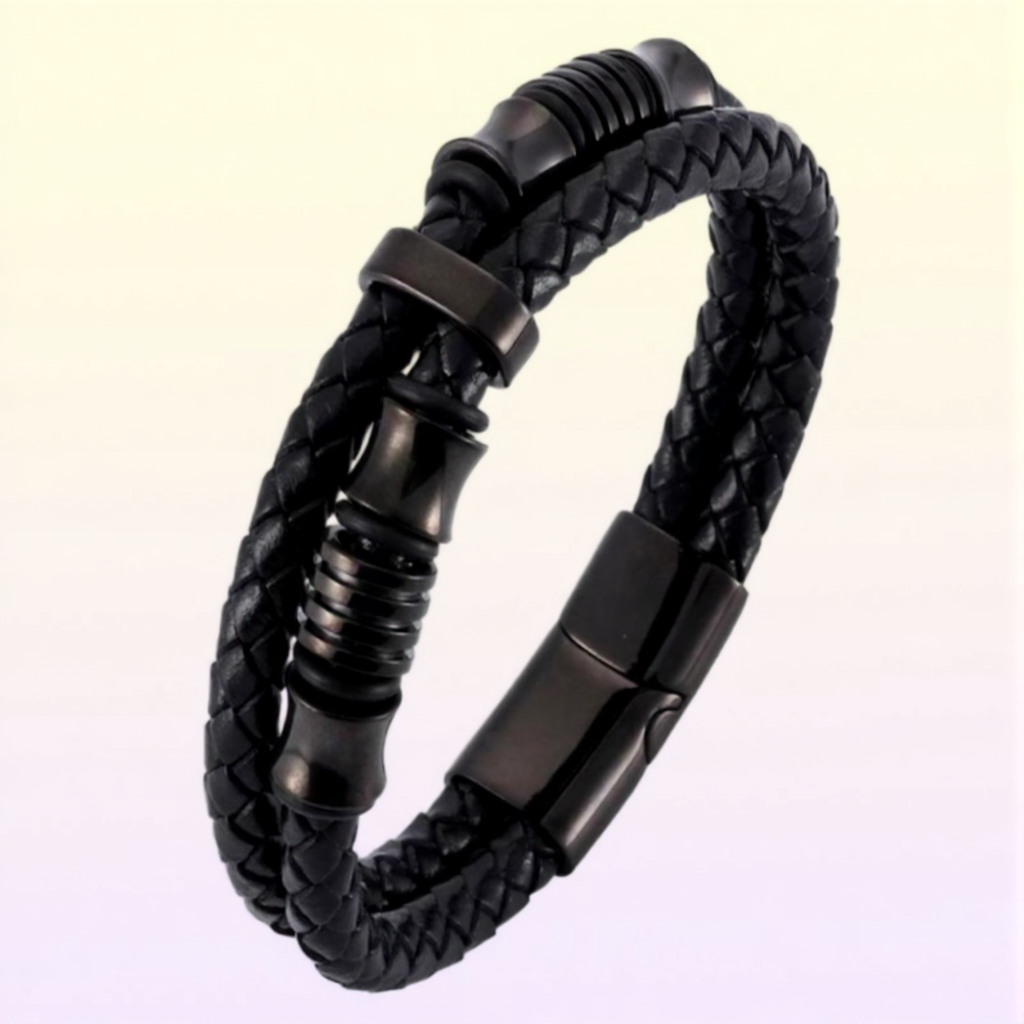 Double Woven Leather Bracelet For Men Punk Jewelry Black Stainless Steel Magnetic Clasp Wristband Fashion Bangles Gifts Bangle
