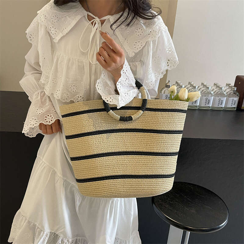 Handmade Beach Bag Circular Handheld Large Capacity New Striped Tote Grass Woven Seaside Vacation Beach Women's Bag Kq2