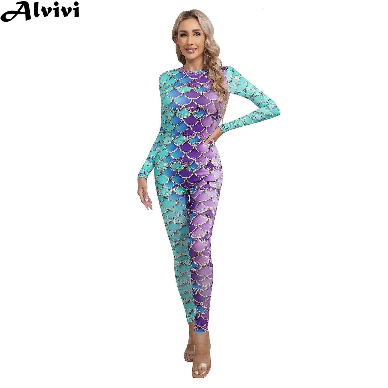 Women Mermaid Jumpsuit Swimsuit Long Sleeve Zipper Shiny Fish Scale Print Bodysuit Swimwear Rash Guards Beachwear Bathing SuitW251113