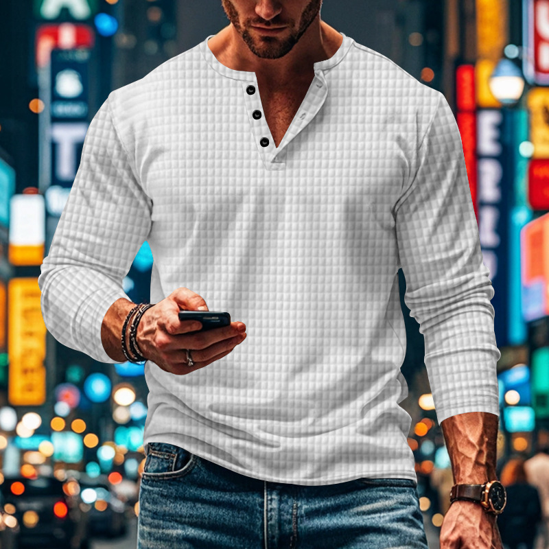 Autumn and winter temu small grid casual sports breathable mens long sleeved T-shirt mens casual Henry shirt