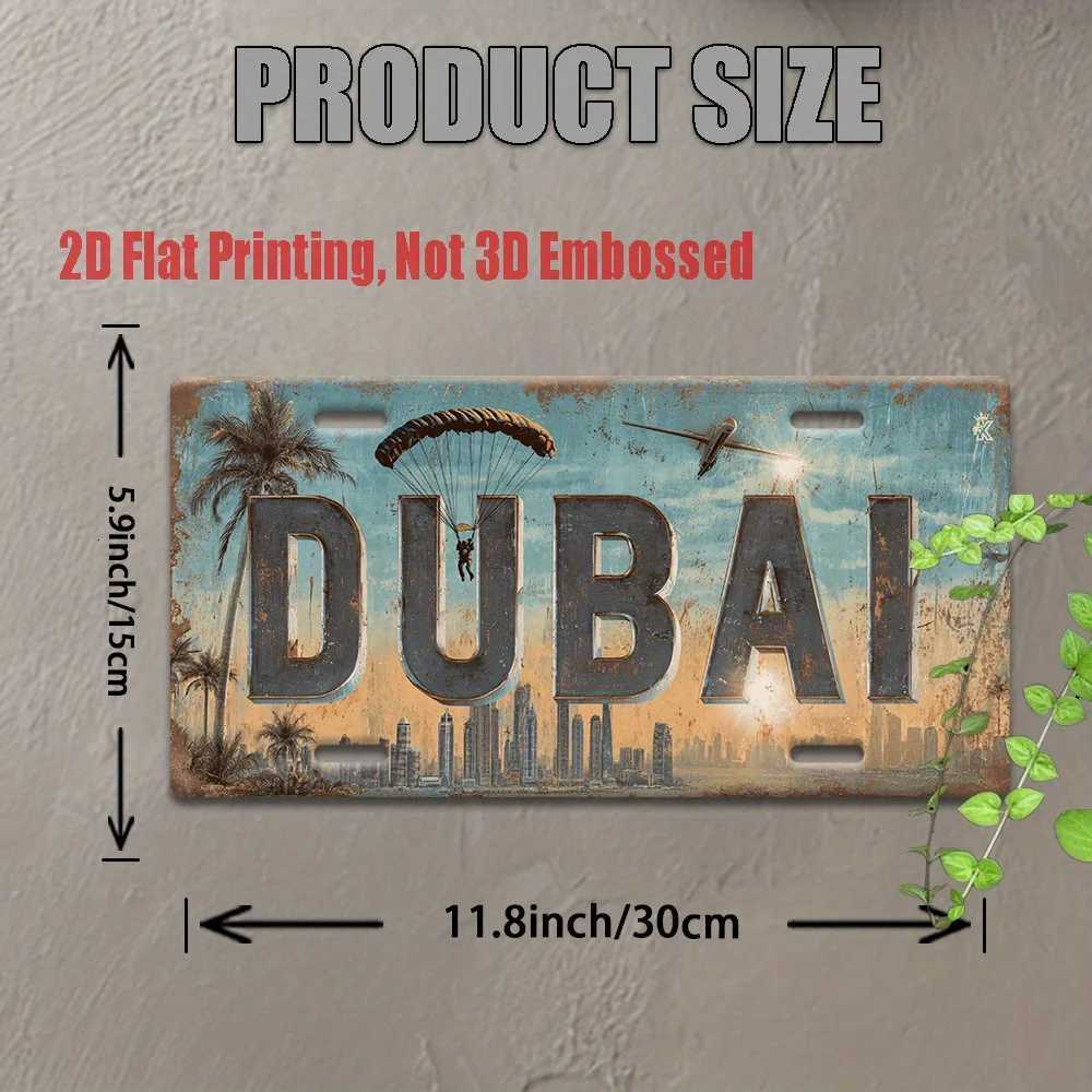 Printing Vintage Metal License Plate Outdoor Wall Art DUBAI Aluminum Sign with City Skyline and Paragliding Scene GreaM251114