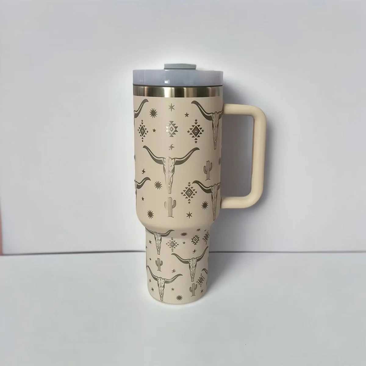 1PC Water Tumbler Cow Head Print 40oz Second Generation 304 Stainless Steel Double Insulation Handle Cup Car Cup Ice Bully Cup C251114