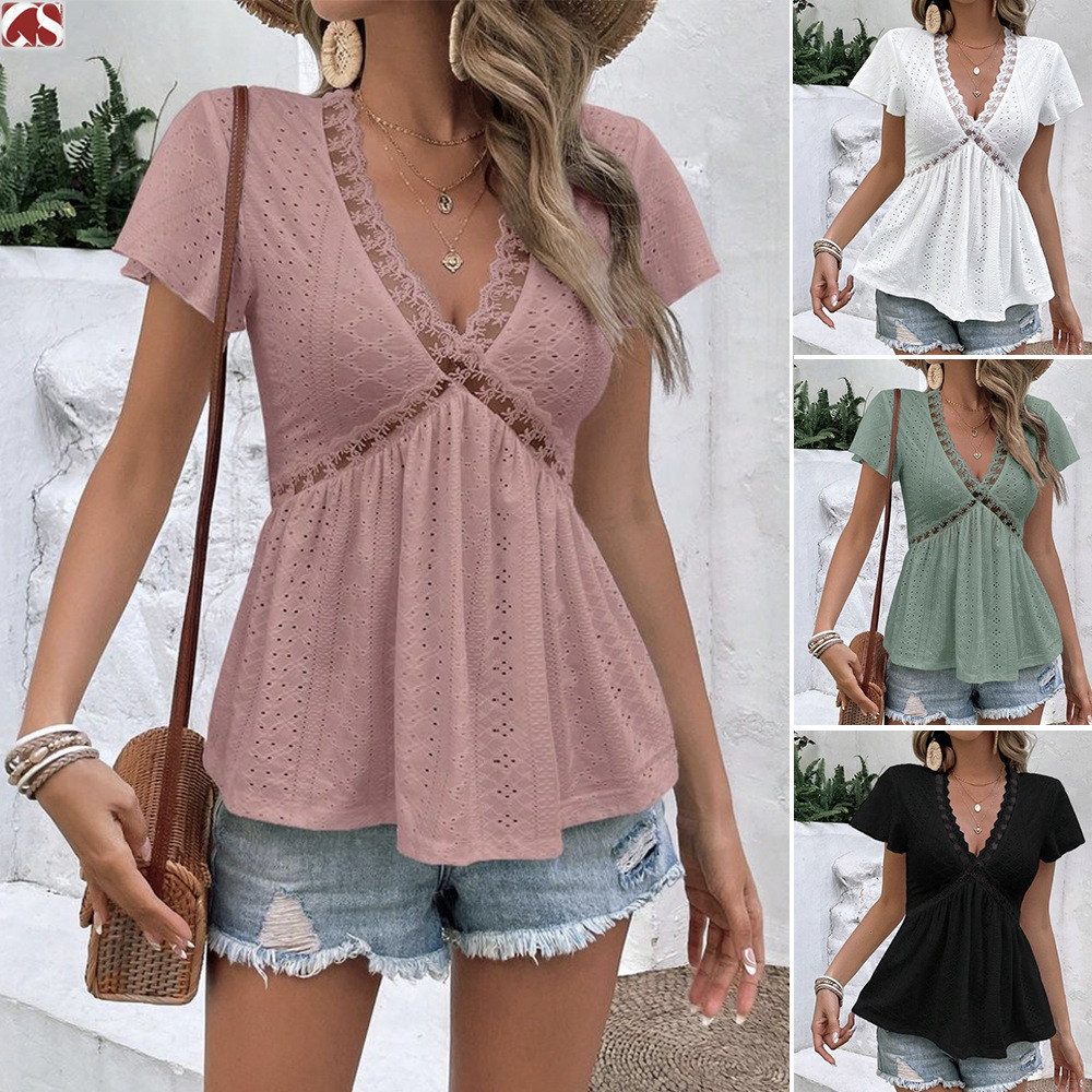 Women's summer new short sleeved jacquard T-shirt with and lace stitching V-neck top
