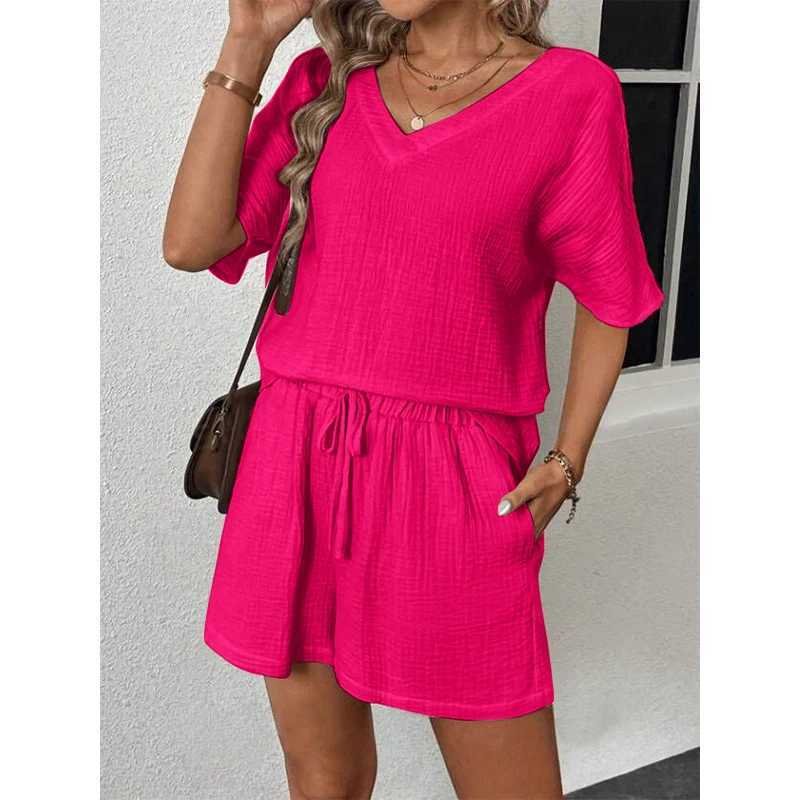Slin 100% Cotton Ele Womens Set Sexy V-neck Short Sve T-shirt+Womens Wide Leg Shorts SetXJ250414