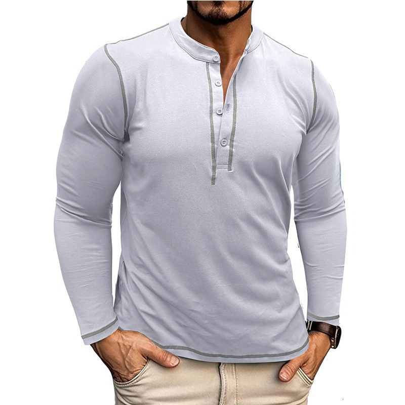 Autumn and winter mens long sleeved Henry shirt mens color blocked round neck T-shirt top