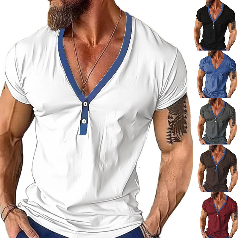 2025 men's loose Henley shirt casual color blocked youth short sleeved T-shirt