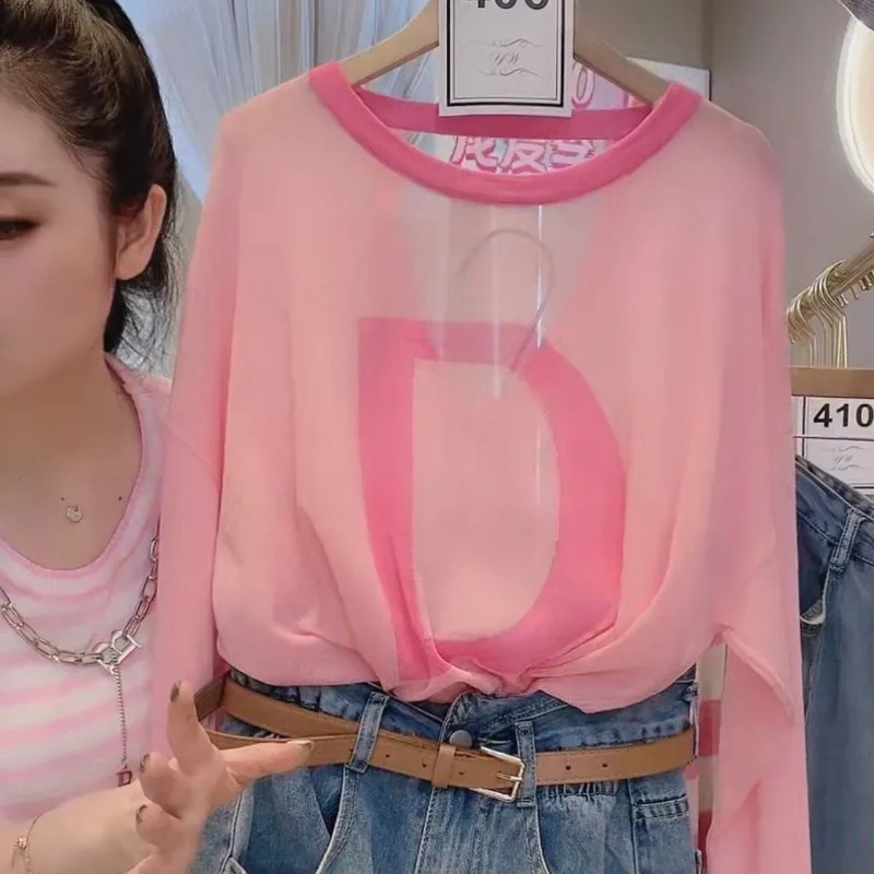 Womens SpringSummer Korean Fashion Printed Colorful Oneck Clothing Pulling Simple Trend Long Sleeve Top 250407