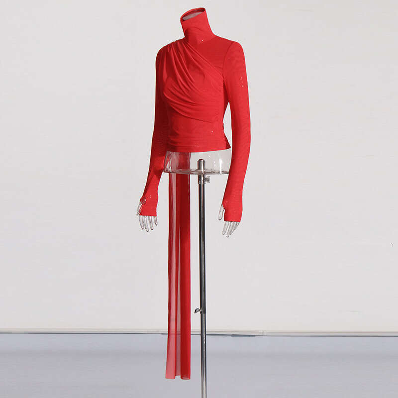 Designer Elegant Women's Long Sleeve Mesh Shirt with High Neck Ribbon - Latest 2025 Spring Fashion