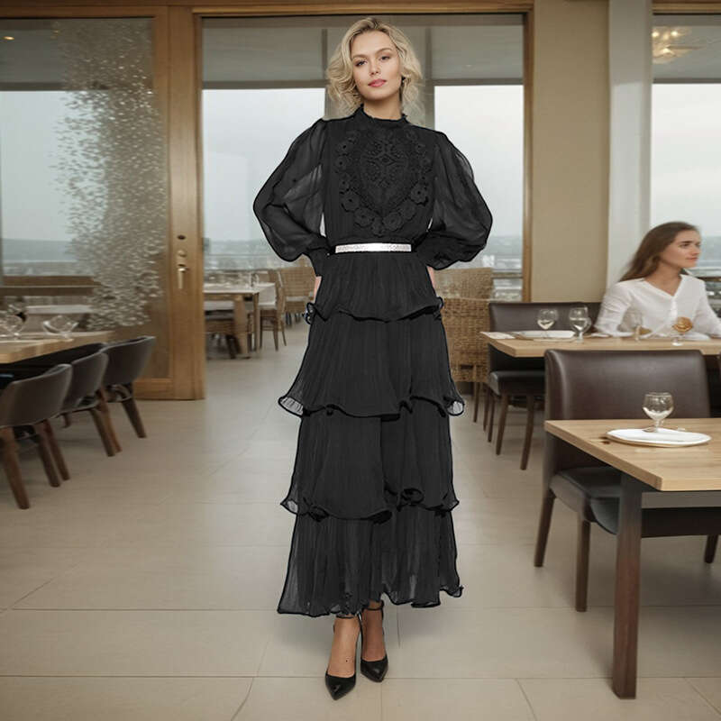 Designer Stylish Women's Long Dress with Ruffles, Lace Work, and Stand-Up Collar Perfect Fit and Comfortable Wear