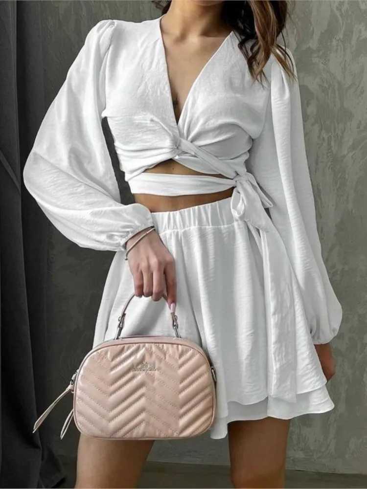 Fashion two-piece womens long Sve sexy V-neck waistband cardigan casual and comfortable fully matched solid color shorts setXJ250414