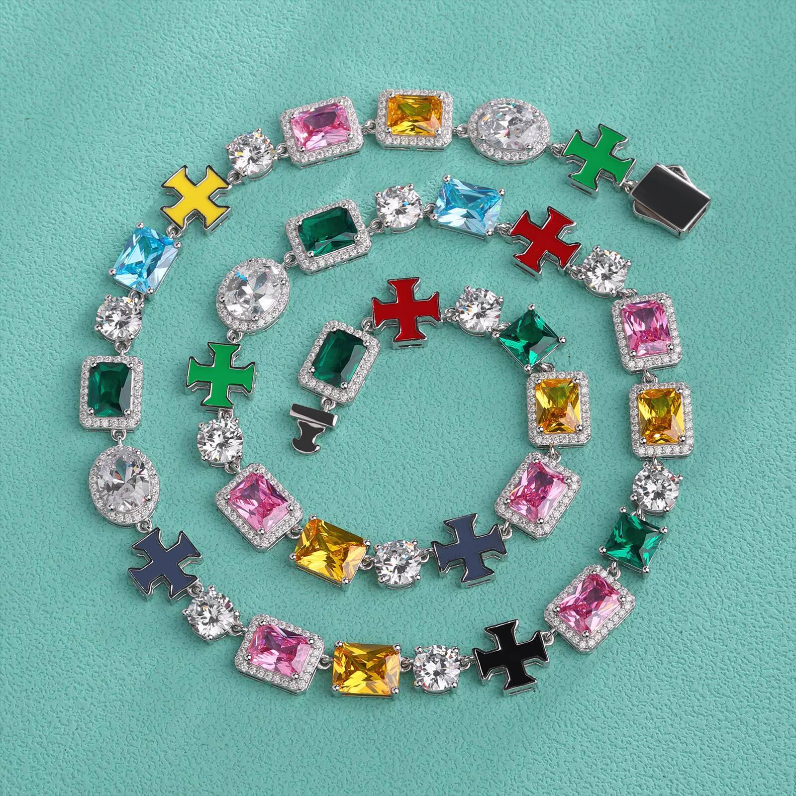 Elegant Rhodium Plated Sterling Silver Tennis Chain Necklace Gemstone Cross with CZ Enamel Accents for Wedding or Gift