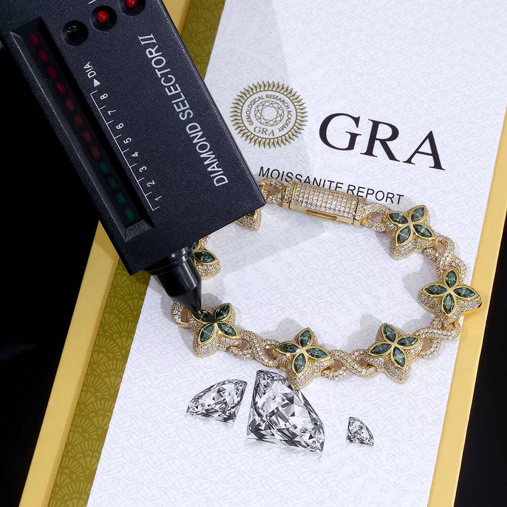 Colorful VVS Moissanite Cuban Link Bracelet 925 Silver Iced Out Colors Floral Design Bracelet Hip Hop Fine Jewelry for Men Women