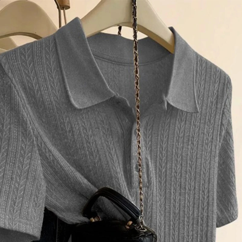 Womens Summer Loose Button Solid Color Polo Neck Short Sleeve Clothing Simple Appearance Thin Large Tshirt 250407