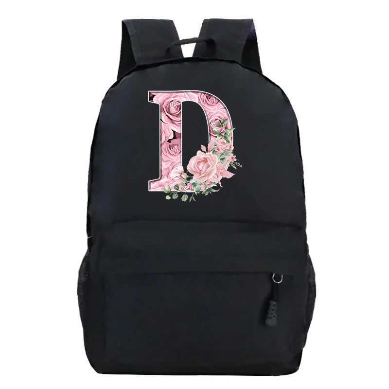 Pink Rose Alphabet Backpack Black Casual Women Aesthetics Rucksack Teenage Girl Boy Flower Letter School Bag Student MochilasW251113