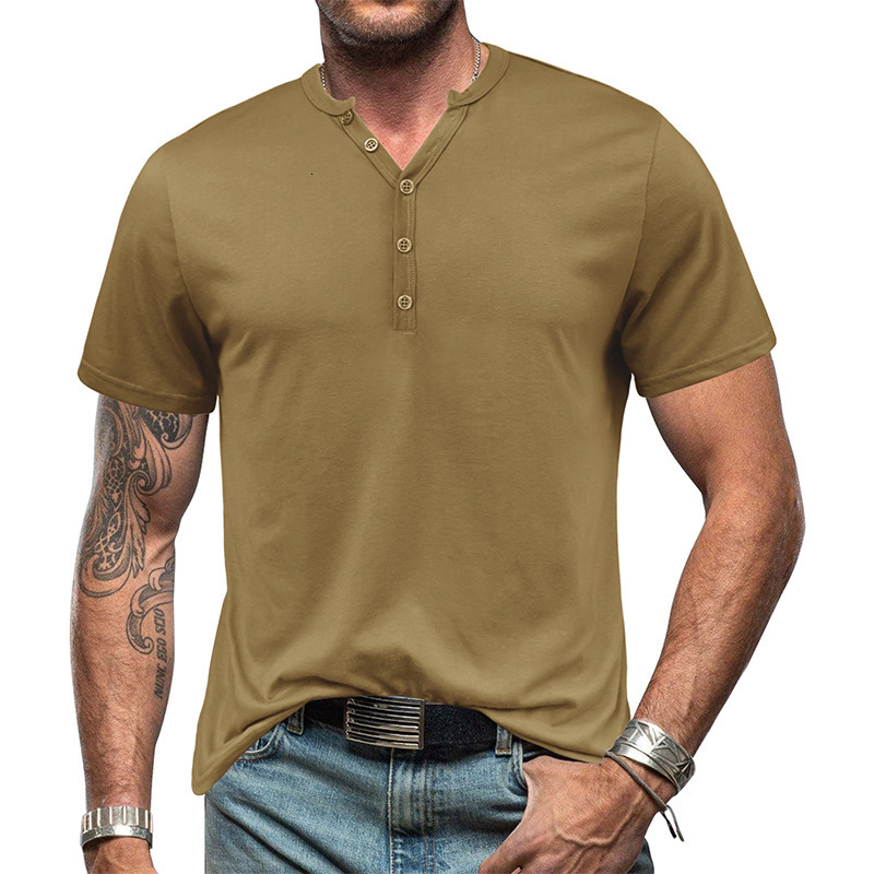 2025 Summer Mens Henry Short Sleeve T-shirt Mens Button V-Neck T-shirt Top Henleys