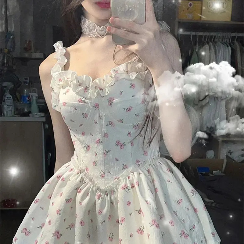 2024 Summer Lace Sweet Dress Retro Sleeveless Elegant Cute Mini Printed French Temperature Fashion Belt 250414