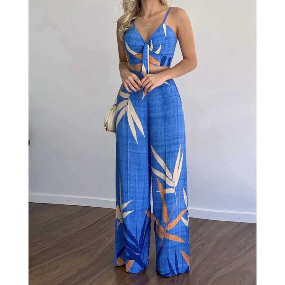 Summer womens tropical printed spaghetti strap casual lace strap top and high waisted pants set 2-piece set 2023 womens clothingXJ250414