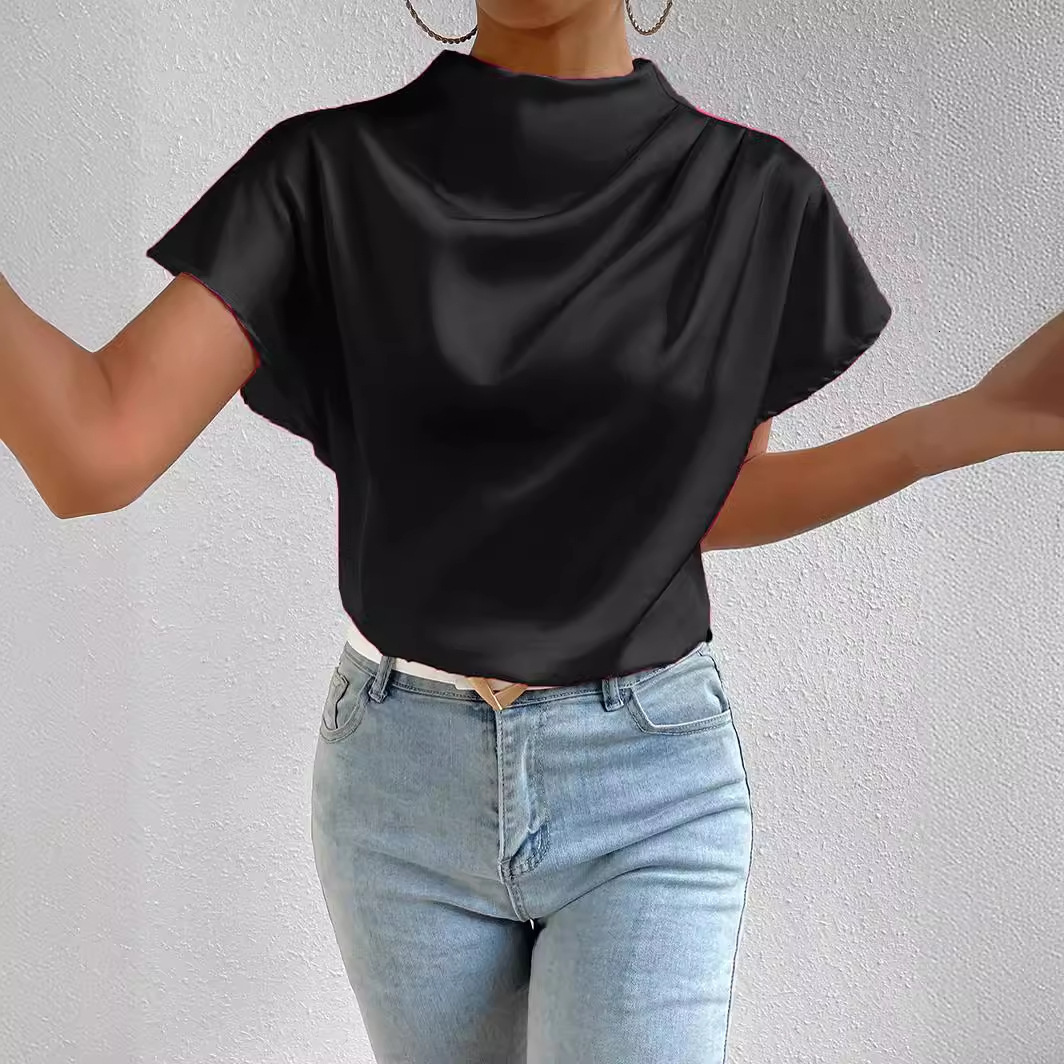 2025 Summer Shirt Hoodie Irregular Half High Collar Solid Color Simulation Silk Commuter Sleeves