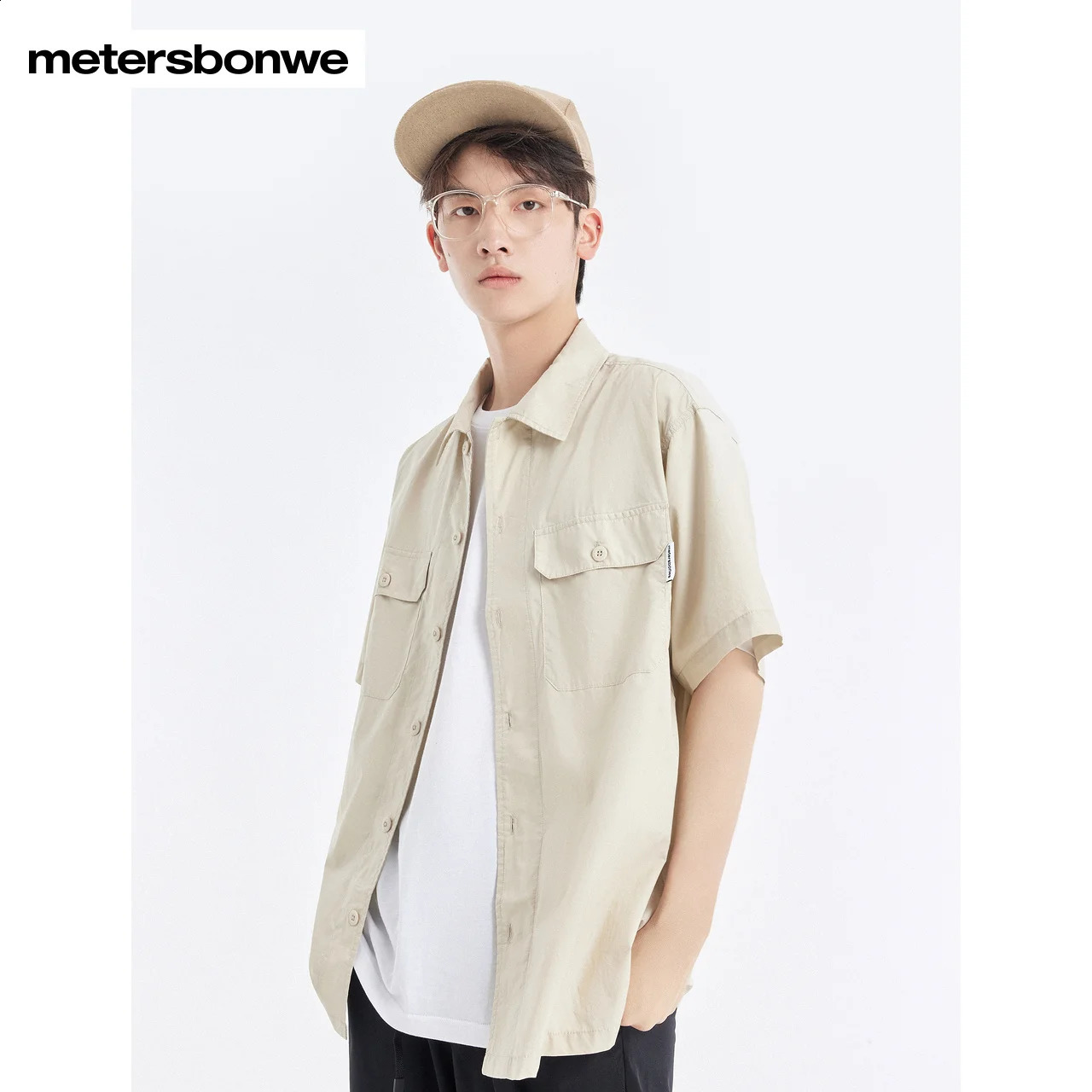 Metersbonwe Mens Multi Pocket Short Sleeve Product Shirt 100 Cotton Loose Solid Color Business Shirt Casual Summer Top 250411