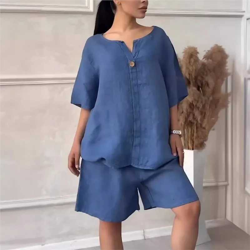 Spring and summer new cotton linen two-piece set for women loose waist V-neck top and shorts set white and pinkXJ250414