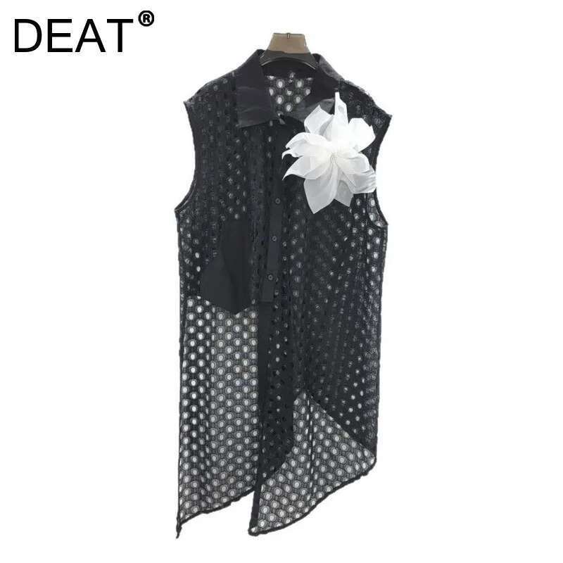 DEAT Women's Shirt Sleeveless 3D Wer Hollow Out Mesh Irregular Female Turn-Down Collar Blouse Summer 2025 New Fashion 29A663