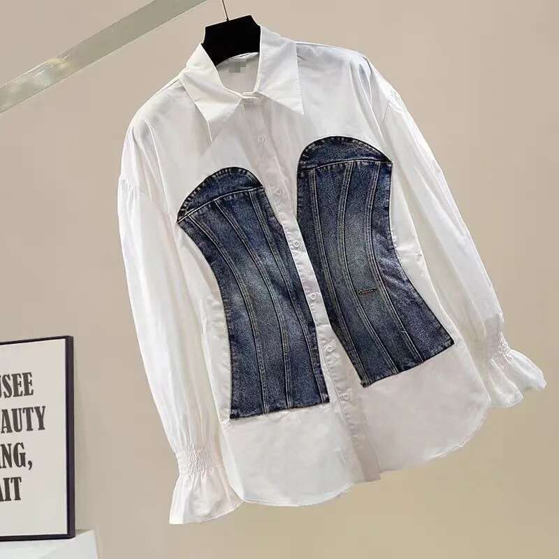 DEAT Fashion Women's Denim Patchwork Long Sleeves Blouse Waisted Single-Breasted Shirts Female Spring New Arrival 33A2149