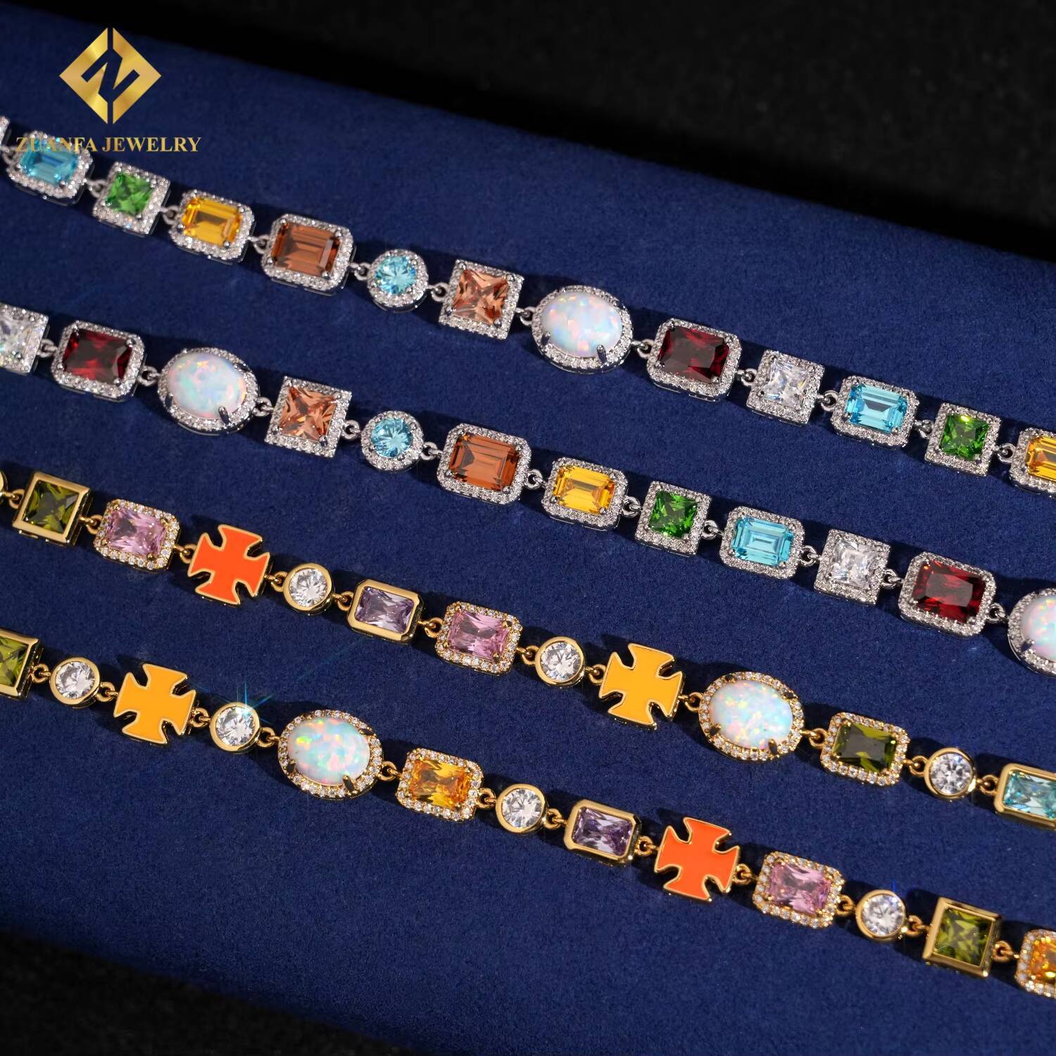 Wholesale Price Iced Out Urban Multi Color Cubic Zirconia Gemstone Tennis Bracelet Mixed Colored Enamel Motif Cz Bracelet