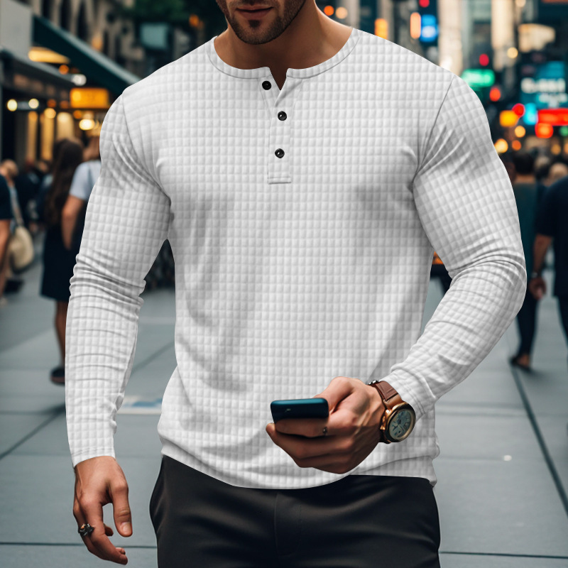 Autumn and winter temu small grid casual sports breathable mens long sleeved T-shirt mens casual Henry shirt