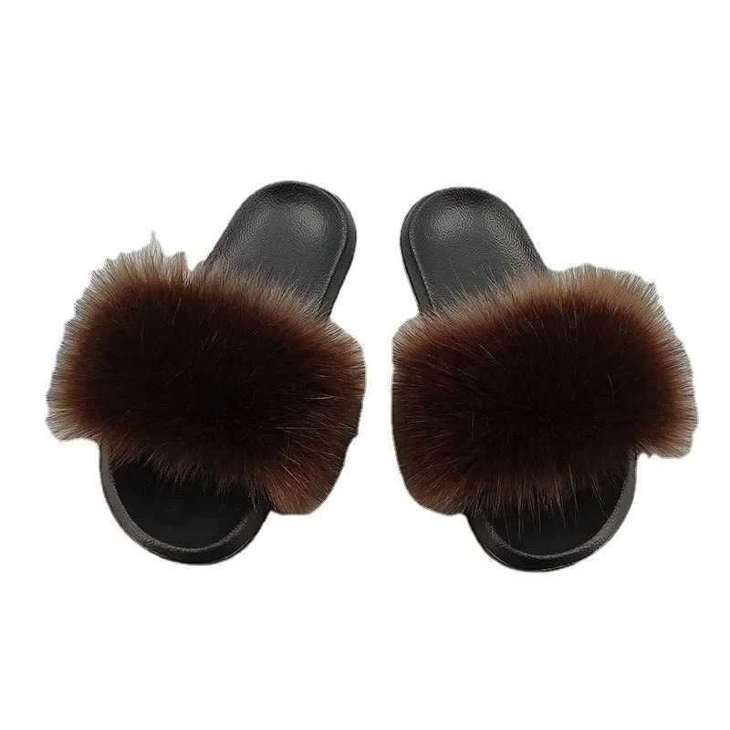 Womens summer casual fluffy slider with fur flat anti slip real fox fur slider large-sized shoes fur sandals W250414