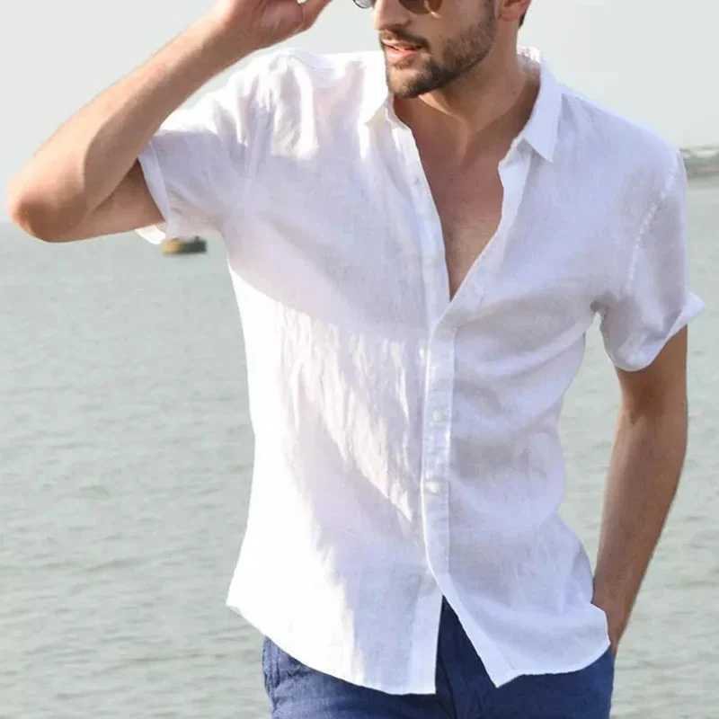 Mens casual short sleeved shirt streetwear lapel button solid color cotton linen shirt mens retro vacation shirt M-3XL W250414