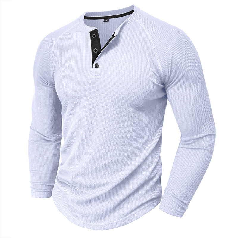 Mens Waffle Henley collar pullover long sleeved T-shirt solid color texture base shirt