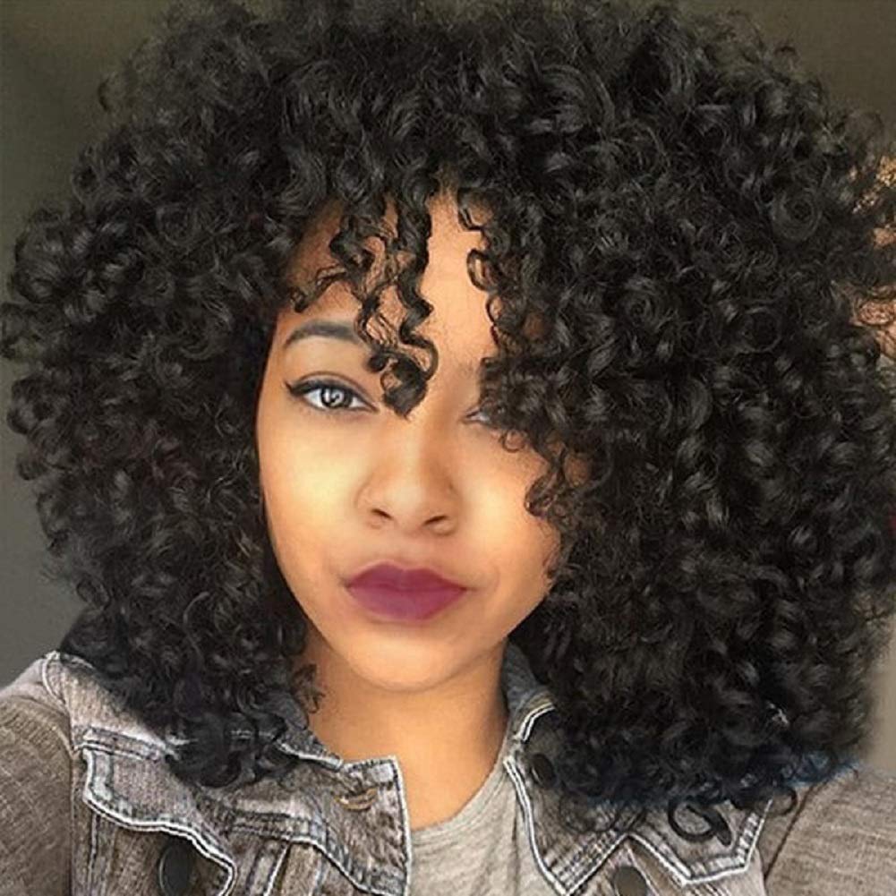 Curly Wigs for Black Women - Afro Curly Wig with Bangs Natural Black Hair Synthetic Heat Resistant Full Wigs with 1 Wig Comb and 4pcs Wig Caps