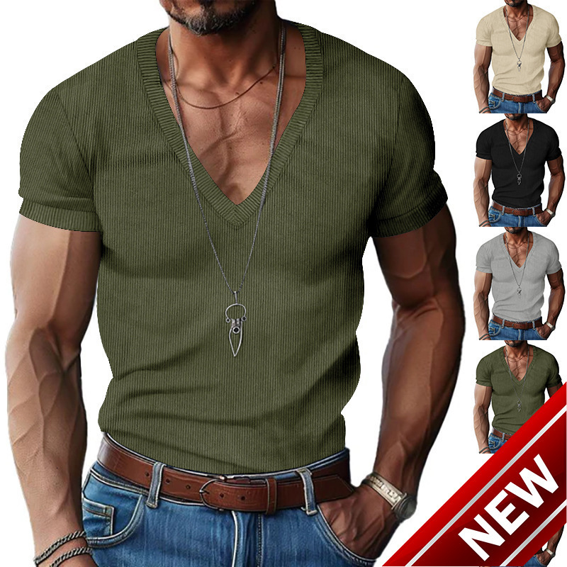 Mens corduroy short sleeved summer mens V-neck solid color slim fit casual T-shirt mens top