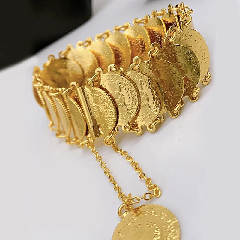Gold Plated Ottoman Turkish Totem Chain Bracelet Coin Cuff Bangles for Bridal Ethnic Womens Jewelry Bijoux 251113