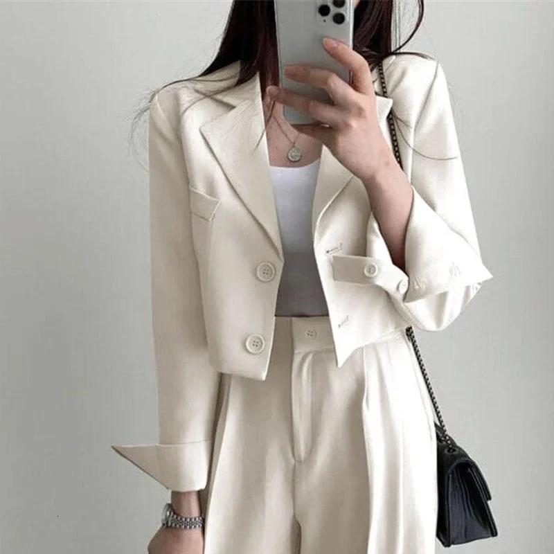 Tempering Cropped Blazer for Women Korean Fashion Office Long Sleeve Set Jacket 2024 Single Chest 250414Z