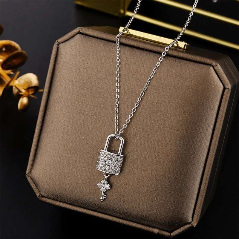 New Design Sense Light Zircon Crystal Lock Key Pendant Stainless Steel Necklaces For Women Sexy Party Neck Chain Jewelry