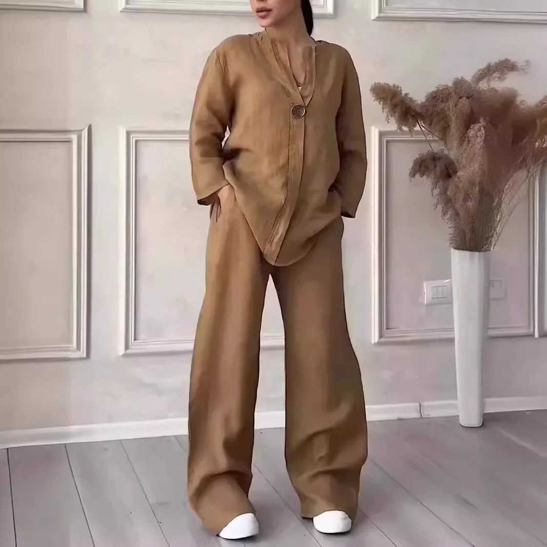 Comfortable loose cotton linen top wide leg pants casual womens fashion set spring and autumn clothing casual clothingXJ250414