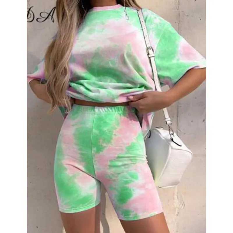 Tie dye printing two-piece set womens basic T-shirt shorts casual clothing lounge clothing fashion comparison jogging setXJ250414