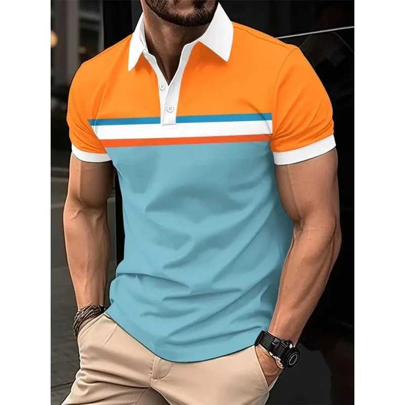 3D printed striped geometric polo shirt mens color block graphic short sleeved T-shirt casual button top loose polo shirt W250414