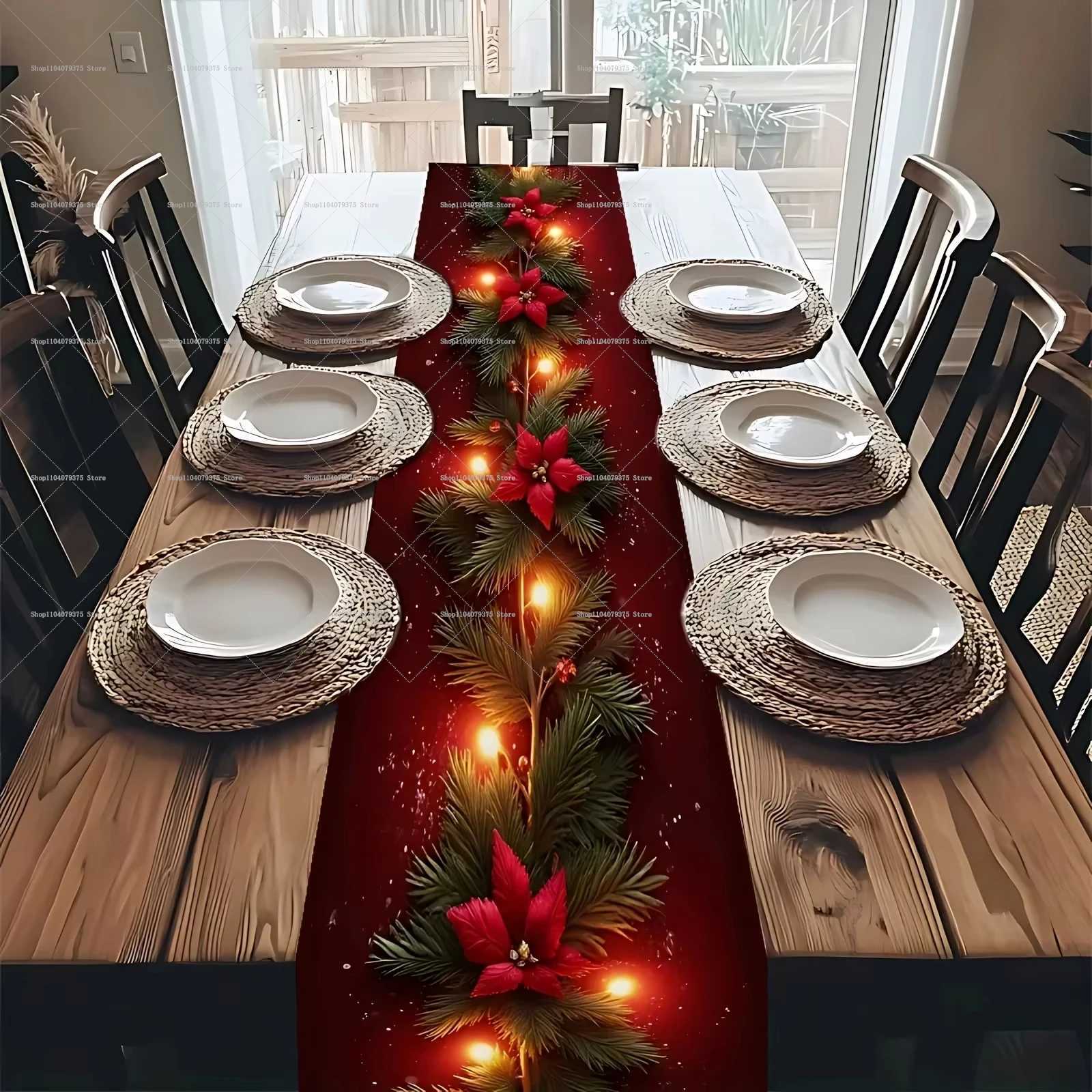 Christmas Luminous Christmas Flower Pine Branch Table Runner Red Background Printed With Lighted Pine Branches And Poinsettia Pattern Y251113