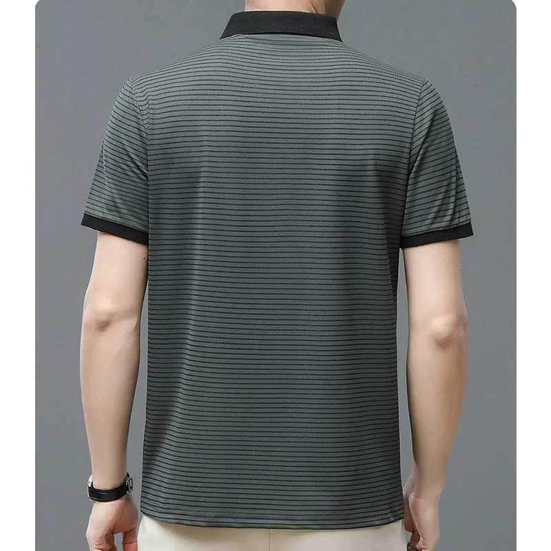 Mens short sleeved summer new striped ice silk lapel T-shirt polo commercial striped button casual top W250414